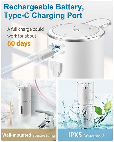 Gotofine Automatic Foaming Soap Dispenser, 4-Level Adjustable Foam, Wall Mount, USB Rechargeable, 12.8oz/380ml, Touchless Hand & Dish Soap Dispenser for Bathroom, Kitchen, Hotel, Restaurant - Image 5