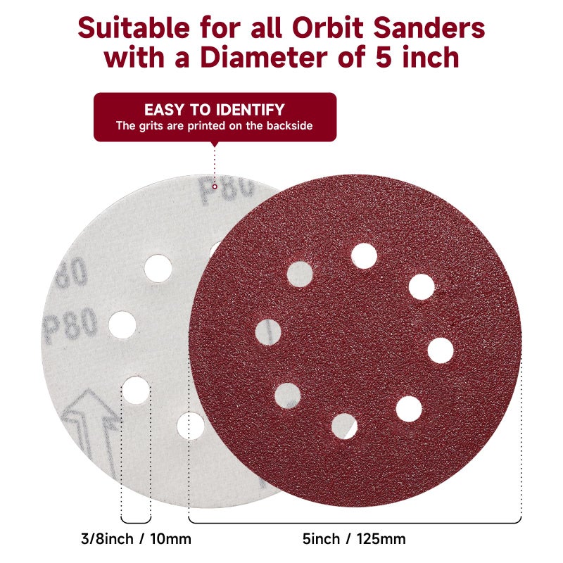 POTUINOM 100 PCS 5 Inch Sanding Discs 80 Grit, Round Hook and Loop Sandpaper for Random Orbital Sander - Image 2