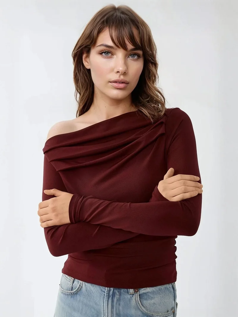 HICCUP Textured Asymmetrical Collar Drapped Top