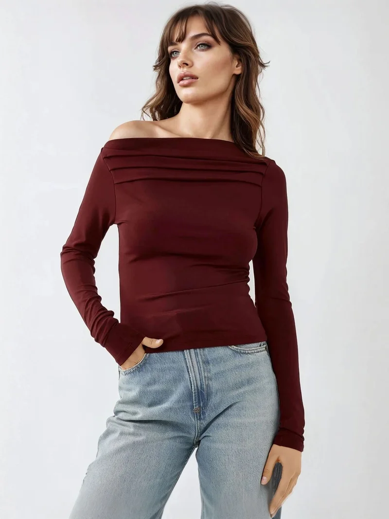 HICCUP Textured Asymmetrical Collar Drapped Top