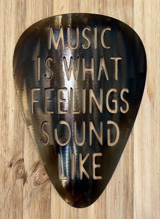 Top Brass Metal Guitar Pick Wall Decor Art - 12" Music Is What Feelings Sound Like - Rustic Torched Finish - Image 4