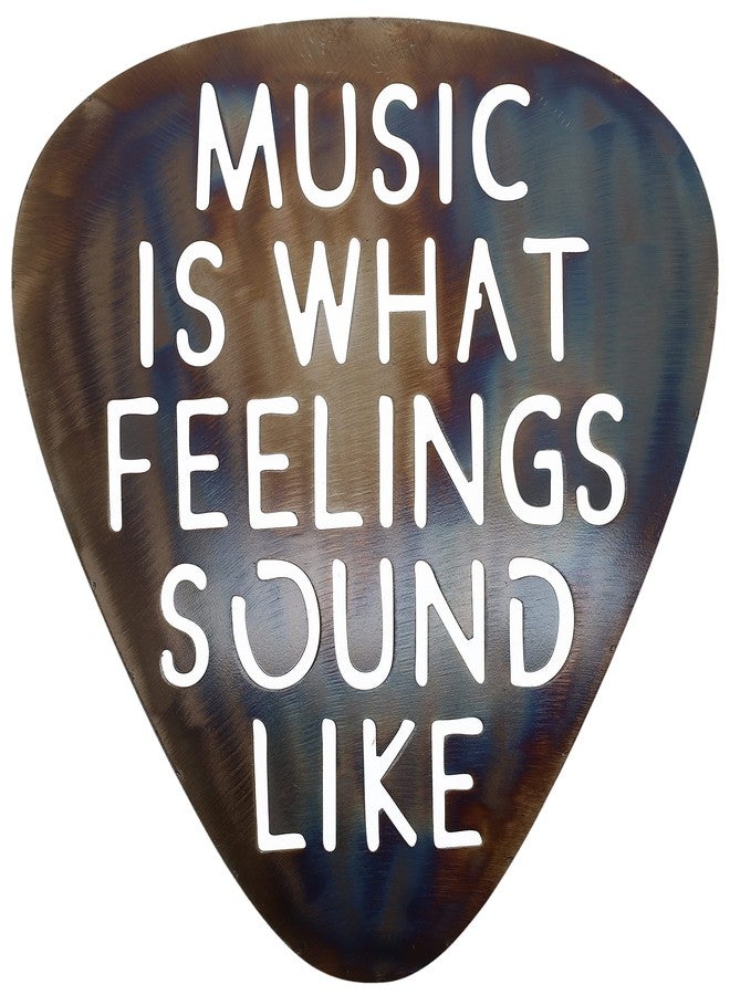 Top Brass Metal Guitar Pick Wall Decor Art - 12" Music Is What Feelings Sound Like - Rustic Torched Finish - Image 1