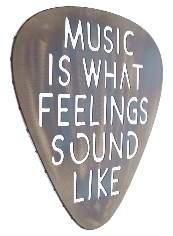 Top Brass Metal Guitar Pick Wall Decor Art - 12" Music Is What Feelings Sound Like - Rustic Torched Finish - Image 2