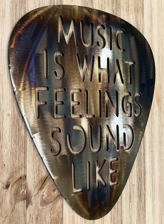 Top Brass Metal Guitar Pick Wall Decor Art - 12" Music Is What Feelings Sound Like - Rustic Torched Finish - Image 5