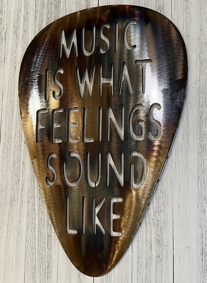 Top Brass Metal Guitar Pick Wall Decor Art - 12" Music Is What Feelings Sound Like - Rustic Torched Finish - Image 3