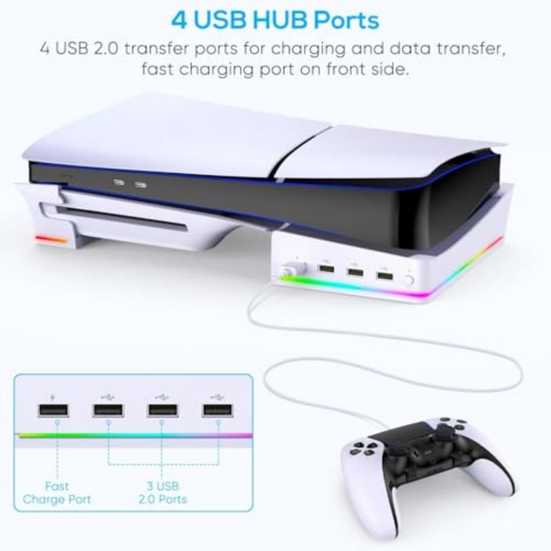 RGB Horizontal Stand for PS5 Pro/Slim Console Accessories with 14 Light Mode and 4 USB Hubs, Side Stand for Playstation 5 Pro Slim Disc and Digital, Base Holder with Controller Charging, White - Image 5