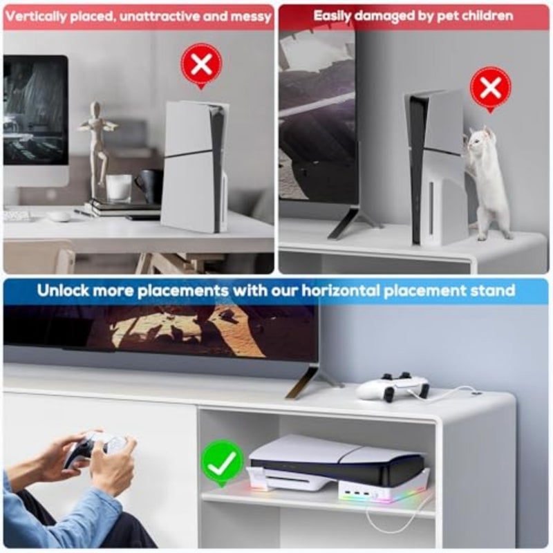 RGB Horizontal Stand for PS5 Pro/Slim Console Accessories with 14 Light Mode and 4 USB Hubs, Side Stand for Playstation 5 Pro Slim Disc and Digital, Base Holder with Controller Charging, White - Image 3