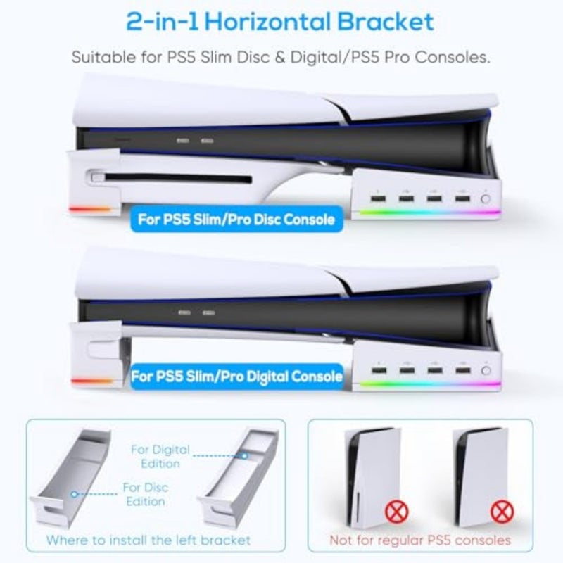 RGB Horizontal Stand for PS5 Pro/Slim Console Accessories with 14 Light Mode and 4 USB Hubs, Side Stand for Playstation 5 Pro Slim Disc and Digital, Base Holder with Controller Charging, White - Image 2