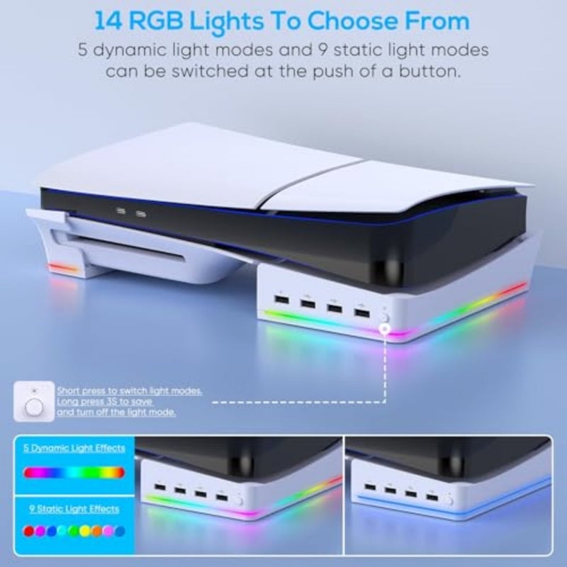 RGB Horizontal Stand for PS5 Pro/Slim Console Accessories with 14 Light Mode and 4 USB Hubs, Side Stand for Playstation 5 Pro Slim Disc and Digital, Base Holder with Controller Charging, White - Image 4