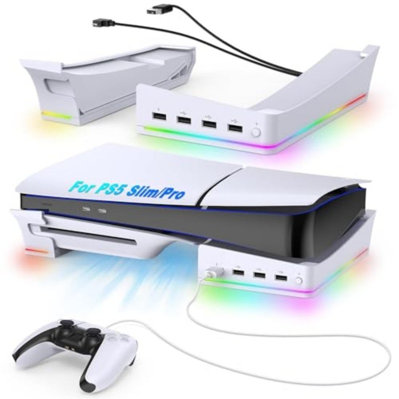 RGB Horizontal Stand for PS5 Pro/Slim Console Accessories with 14 Light Mode and 4 USB Hubs, Side Stand for Playstation 5 Pro Slim Disc and Digital, Base Holder with Controller Charging, White - Image 1