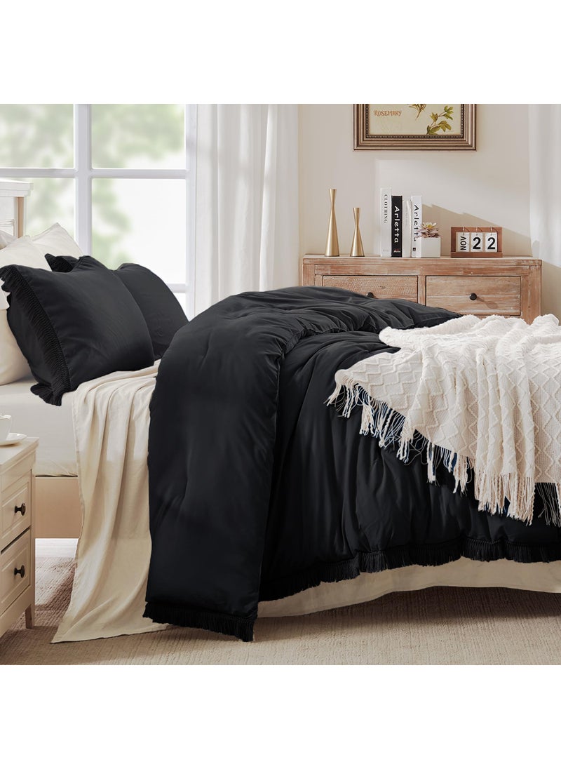 Andency Andency Black Comforter Set Full Size  3 Pieces Boho Tassel Lightweight Bedding Comforter Sets  All Season Soft Fluffy Fringe Bed Set (79x90In Comforter & 2 Pillowcases)  - Image 2