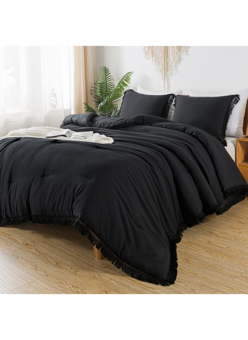 Andency Andency Black Comforter Set Full Size  3 Pieces Boho Tassel Lightweight Bedding Comforter Sets  All Season Soft Fluffy Fringe Bed Set (79x90In Comforter & 2 Pillowcases)  - Image 1