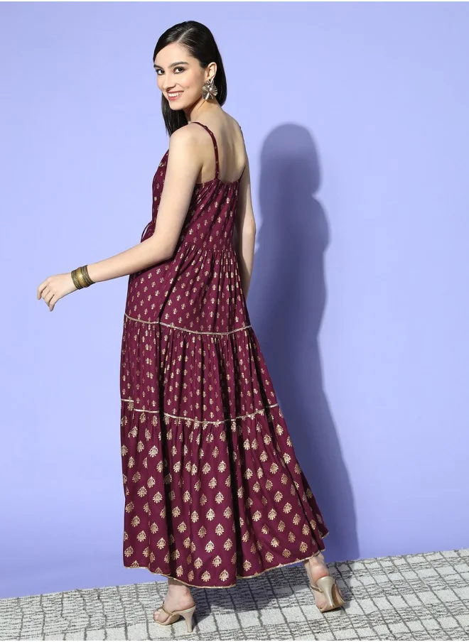 آي شين Aline Fit Self Design Pattern Shoulder Straps Neck 3/4 sleeve Burgandy Colour Knitted Rayon Dresses for Women with Semi Elastic Closure - An Ideal Pick for Any Occasion