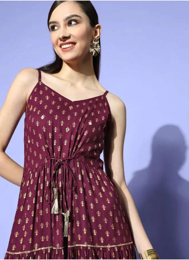 آي شين Aline Fit Self Design Pattern Shoulder Straps Neck 3/4 sleeve Burgandy Colour Knitted Rayon Dresses for Women with Semi Elastic Closure - An Ideal Pick for Any Occasion