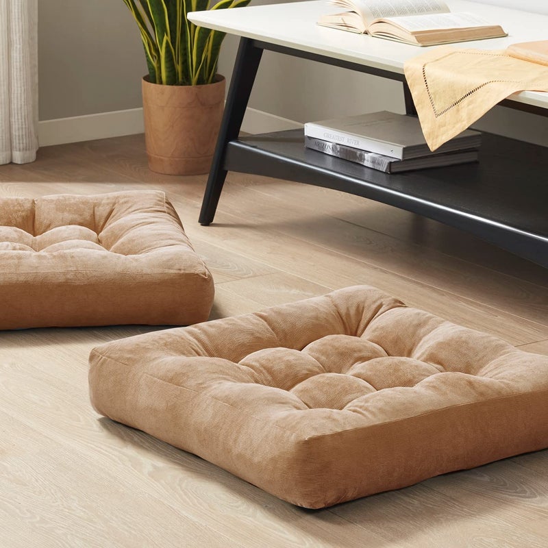 Degrees of Comfort Meditation Floor Pillow Set of 2 Square Large Pillows Seating for Adults Tufted Corduroy Cushion for Living Room Tatami Coffee Brown 22x22 Inch