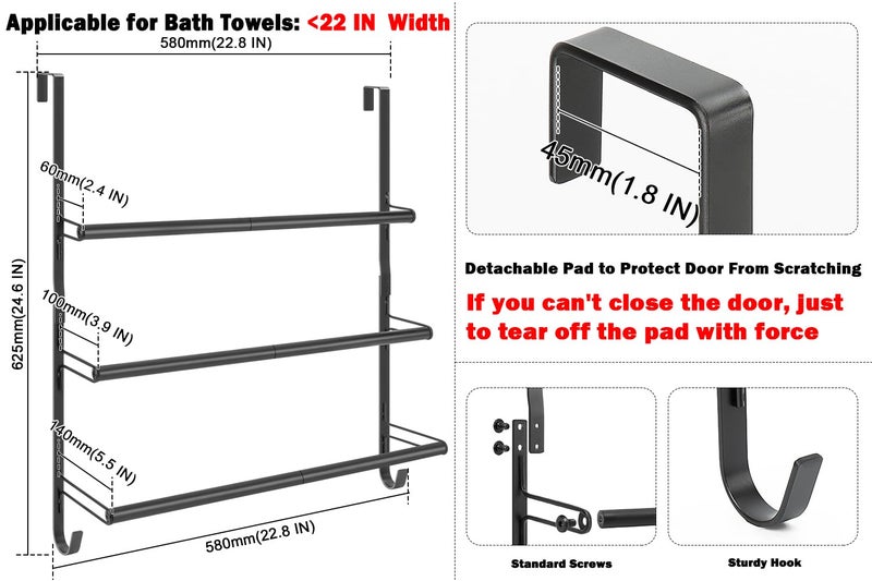 Livabber 3-Tier Over The Door Towel Rack, All Metal Towel Rack with Hooks for Door Hanging, Behind Door Towel Bar Towel Storage Holder for Bathroom Accessories, Black (22.8" L x 5.9" W x 24.4" H) - Image 2