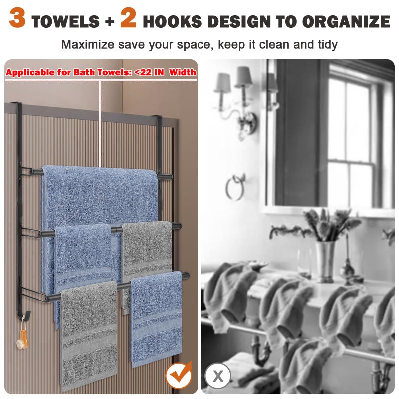 Livabber 3-Tier Over The Door Towel Rack, All Metal Towel Rack with Hooks for Door Hanging, Behind Door Towel Bar Towel Storage Holder for Bathroom Accessories, Black (22.8" L x 5.9" W x 24.4" H) - Image 4