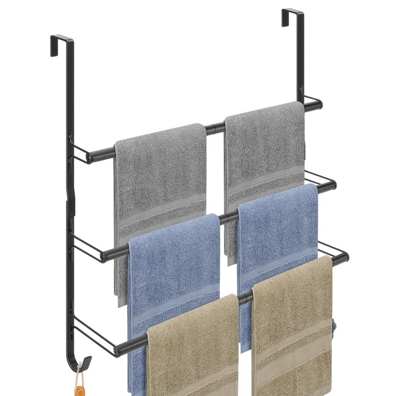 Livabber 3-Tier Over The Door Towel Rack, All Metal Towel Rack with Hooks for Door Hanging, Behind Door Towel Bar Towel Storage Holder for Bathroom Accessories, Black (22.8" L x 5.9" W x 24.4" H) - Image 1