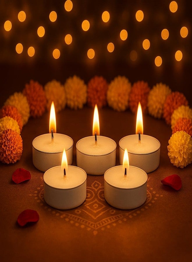 EBLOOMING Tealight Candles - Pack of 5 | Long Burning (3.5-4 Hours) | Unscented, Smokeless, Dripless | 100% Refined Paraffin Wax | Ideal for Home Décor, Office, Events & Special Occasions - White - Image 1