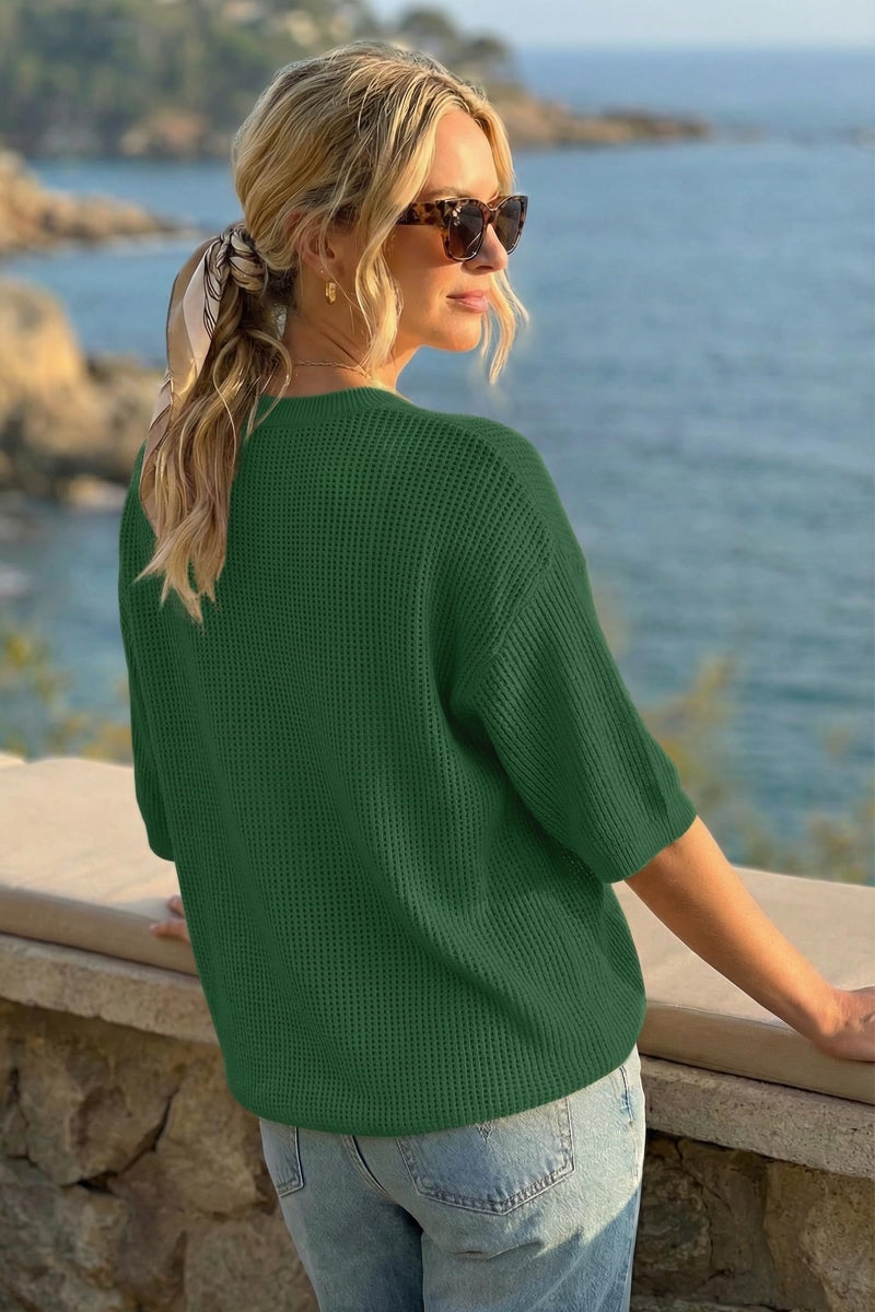 Arach&Cloz 2026 Women's Cotton Spring Summer Crochet Tops Crew Neck 3/4 Half Drop Short Sleeve Hollow Out Oversized Resort Wear Sweater Casual Vacation Outfits Fashion Trendy Shirts Green L - Image 3