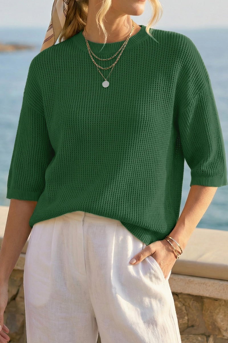 Arach&Cloz 2026 Women's Cotton Spring Summer Crochet Tops Crew Neck 3/4 Half Drop Short Sleeve Hollow Out Oversized Resort Wear Sweater Casual Vacation Outfits Fashion Trendy Shirts Green L - Image 2