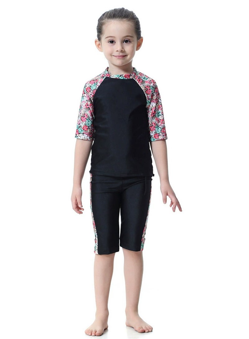 Loquat 3-Piece Girls Muslim Conservative Islamic Swimwear Burkinis Fast Dry Round Neck Flower Split Swimsuit Swimwear With Cap Set Black  - Image 1