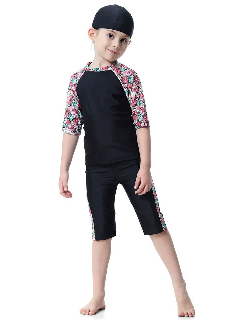 Loquat 3-Piece Girls Muslim Conservative Islamic Swimwear Burkinis Fast Dry Round Neck Flower Split Swimsuit Swimwear With Cap Set Black  - Image 2
