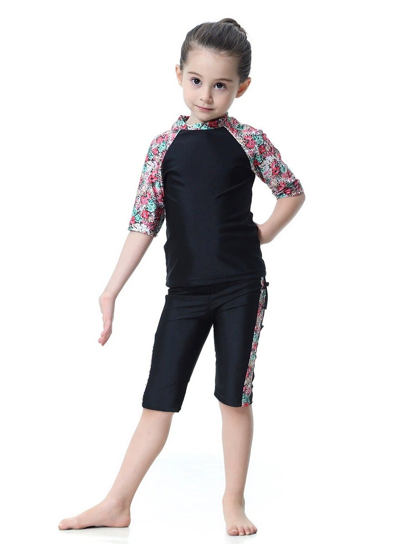Loquat 3-Piece Girls Muslim Conservative Islamic Swimwear Burkinis Fast Dry Round Neck Flower Split Swimsuit Swimwear With Cap Set Black  - Image 3