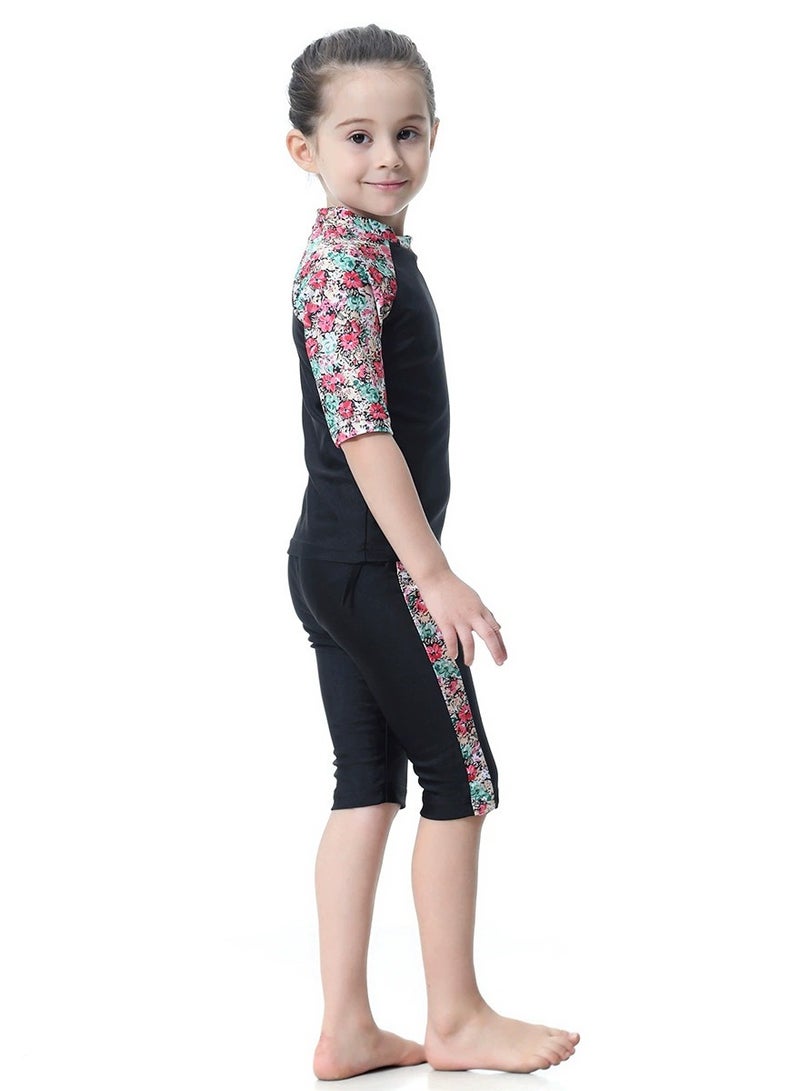 Loquat 3-Piece Girls Muslim Conservative Islamic Swimwear Burkinis Fast Dry Round Neck Flower Split Swimsuit Swimwear With Cap Set Black  - Image 4
