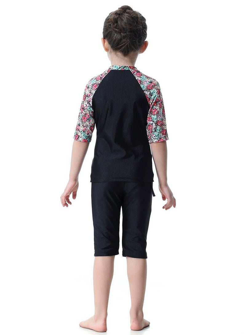 Loquat 3-Piece Girls Muslim Conservative Islamic Swimwear Burkinis Fast Dry Round Neck Flower Split Swimsuit Swimwear With Cap Set Black  - Image 5