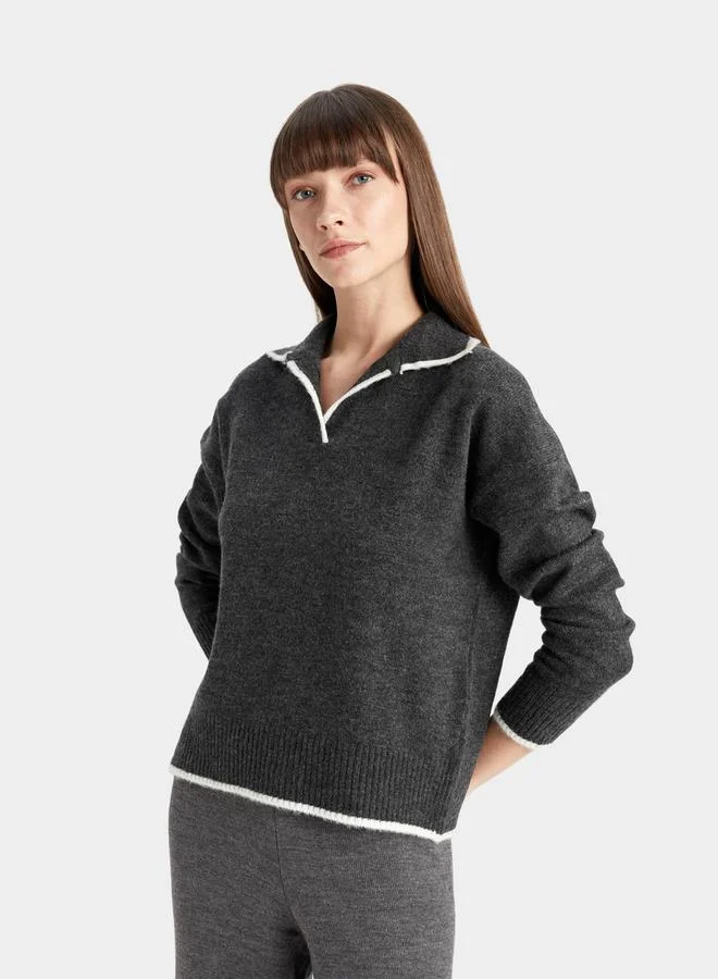 ديفاكتو Regular Fit Soft Textured Polo Neck Knit Sweater by Styli