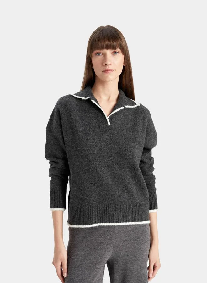 ديفاكتو Regular Fit Soft Textured Polo Neck Knit Sweater by Styli
