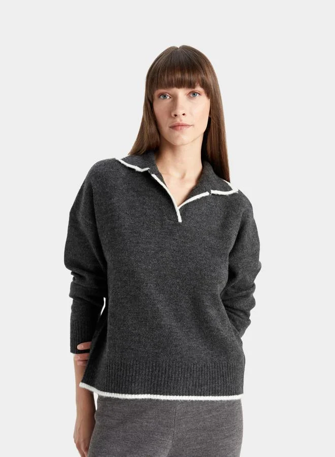 ديفاكتو Regular Fit Soft Textured Polo Neck Knit Sweater by Styli