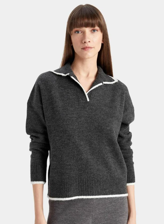ديفاكتو Regular Fit Soft Textured Polo Neck Knit Sweater by Styli