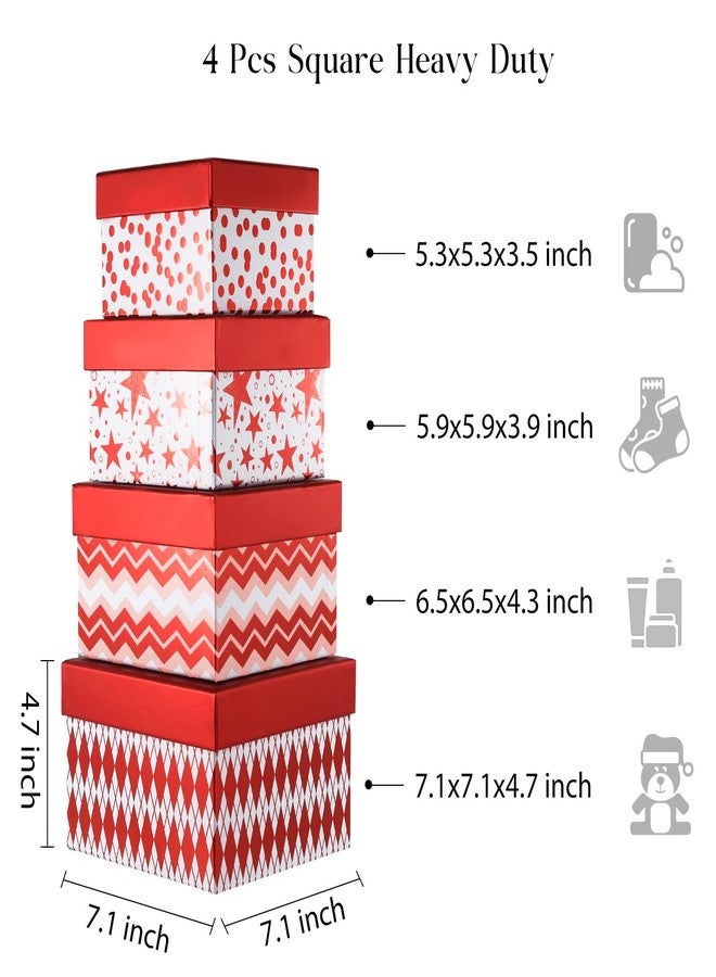 PAPER FAIR 4PCS Christmas Nesting Gift Boxes Set, Metallic Red Foil Geometry Flat Square Cardboard Nested Box w/Lid, for Gift Wrapping Holiday Present Xmas Birthday, Valentine's Day, Assorted Size - Image 4