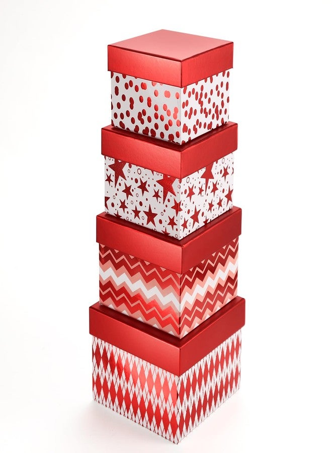 PAPER FAIR 4PCS Christmas Nesting Gift Boxes Set, Metallic Red Foil Geometry Flat Square Cardboard Nested Box w/Lid, for Gift Wrapping Holiday Present Xmas Birthday, Valentine's Day, Assorted Size - Image 1
