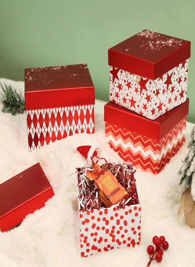 PAPER FAIR 4PCS Christmas Nesting Gift Boxes Set, Metallic Red Foil Geometry Flat Square Cardboard Nested Box w/Lid, for Gift Wrapping Holiday Present Xmas Birthday, Valentine's Day, Assorted Size - Image 2