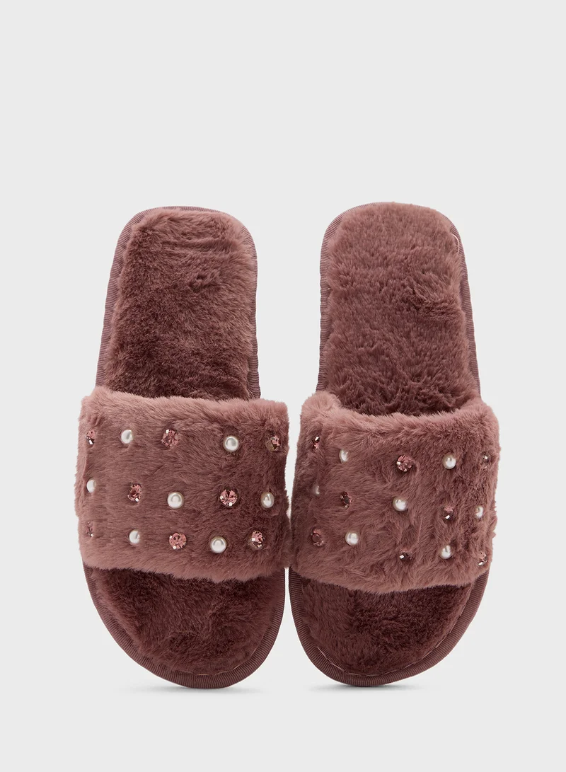 Ginger Pearl Diamante Bedroom Slippers