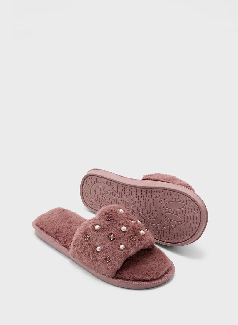 Ginger Pearl Diamante Bedroom Slippers