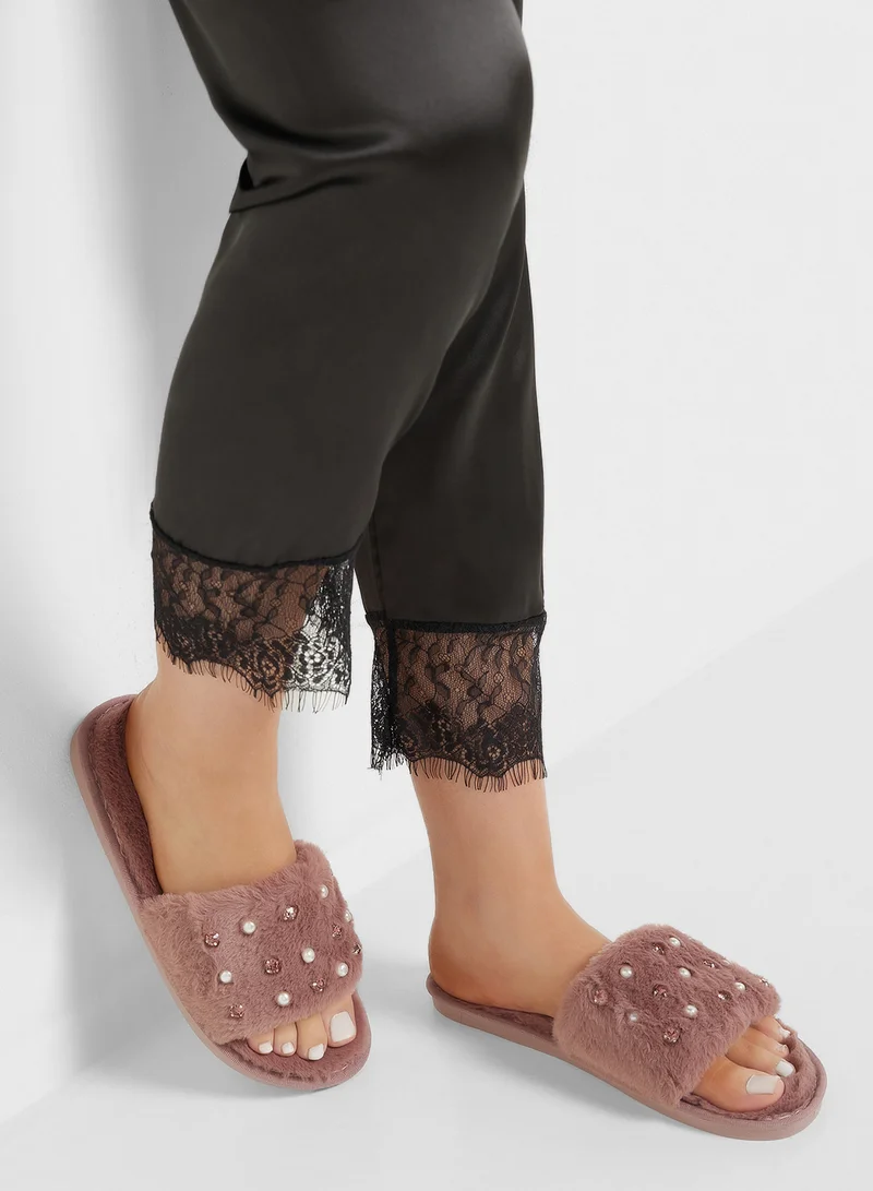 Ginger Pearl Diamante Bedroom Slippers