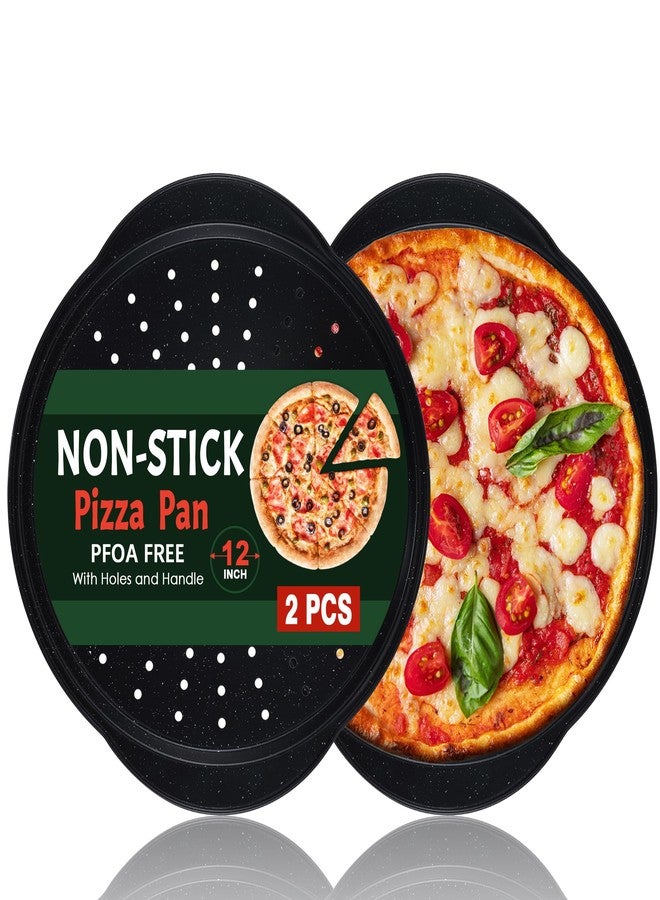 hunnycook 2P Non Stick Pizza Pans - 12” Round Pizza Tray with Holes and Handle, Carbon Steel Pizza Pan for Oven, Dishwasher Safe, PFOA Free - Image 1