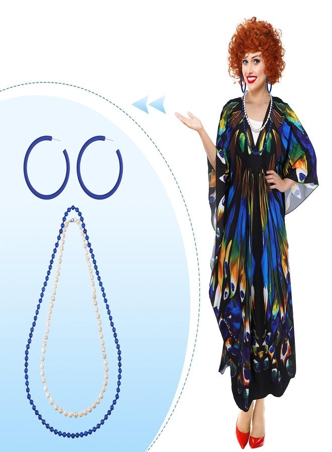 Croloose 5 Pcs Halloween Women Landlady Costume Set with Print Caftan Dress Curly Wig Bead Necklace Earring for Cosplay Party(Butterfly Style) - Image 4