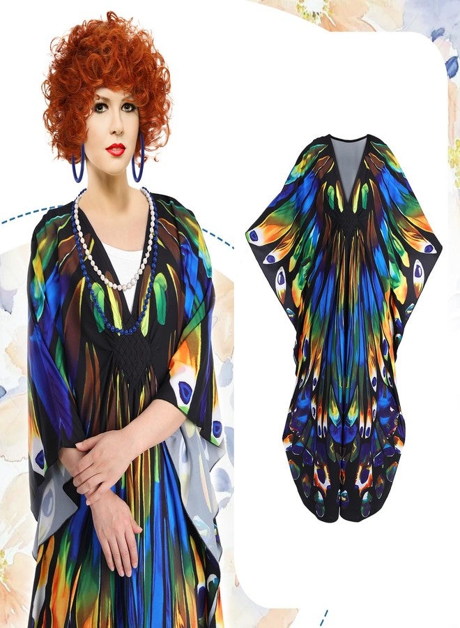 Croloose 5 Pcs Halloween Women Landlady Costume Set with Print Caftan Dress Curly Wig Bead Necklace Earring for Cosplay Party(Butterfly Style) - Image 5