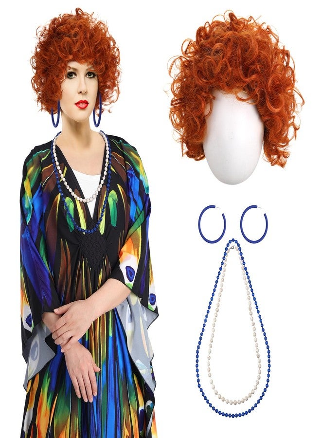 Croloose 5 Pcs Halloween Women Landlady Costume Set with Print Caftan Dress Curly Wig Bead Necklace Earring for Cosplay Party(Butterfly Style) - Image 1