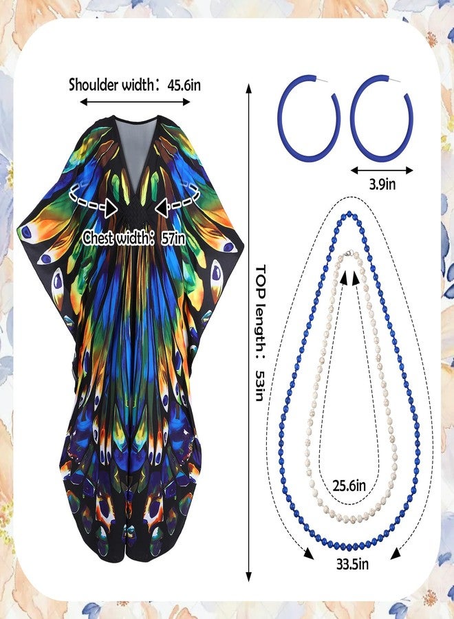 Croloose 5 Pcs Halloween Women Landlady Costume Set with Print Caftan Dress Curly Wig Bead Necklace Earring for Cosplay Party(Butterfly Style) - Image 2