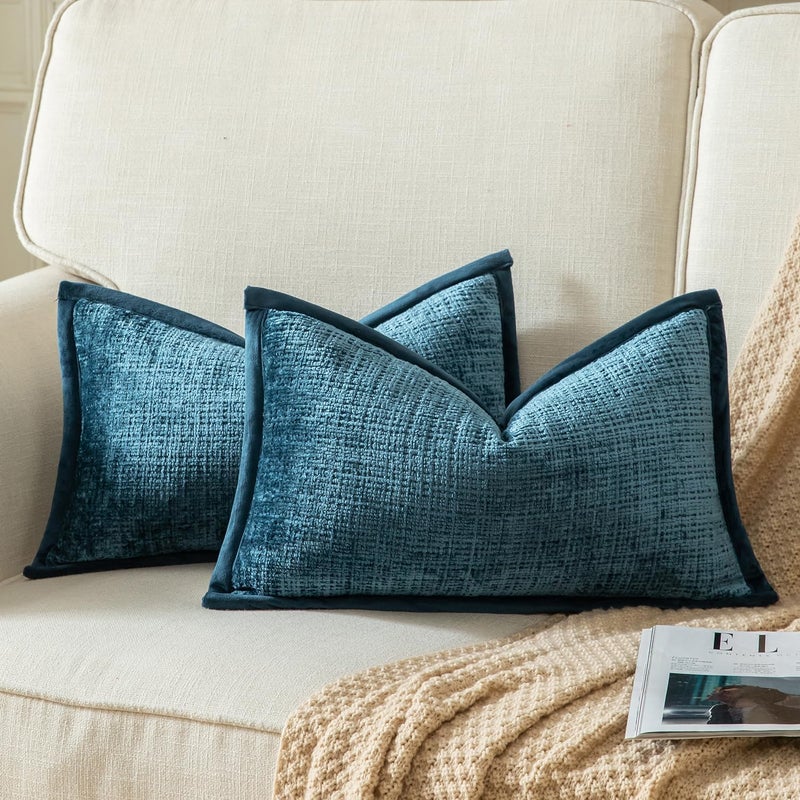 Yaertun Pack of 2 Chenille Textured Decorative Throw Pillow Covers Accent Solid Cushion Cover Soft Cozy Pillow Case with Velvet Back for Couch Sofa Bed Living Room 12x20 Inch Blue - Image 1