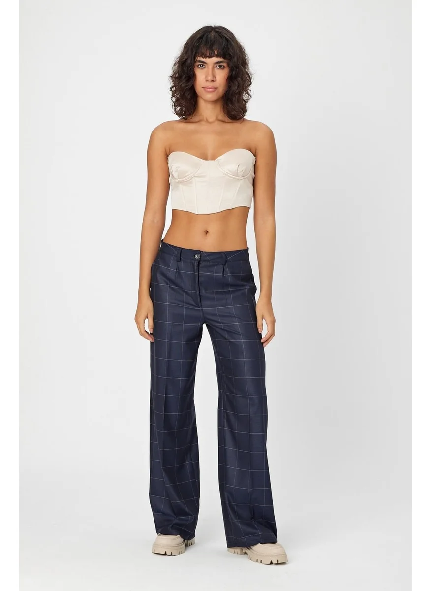 الكسندر جاردي Alexandergardi Wide Leg Wide Leg Checkered Double Pocket Classic Women's Trousers (B24-0001)