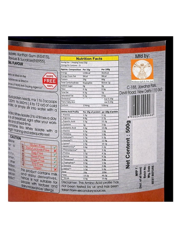 Brio Whey Isolate Protein Powder - Whey Protein - Sugar-free - Gluten-free - 29g Protein per serving - Cookies & Cream (500 grams) - Image 5