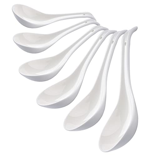 CHILDIKE Ceramic Asian Soup Spoons, White Pocelain Chinese/Japanese Soup Spoons for Cereal, Ramen Pho 6.6 Inch, Set of 6 - Deep Oval Hook Design - Image 1