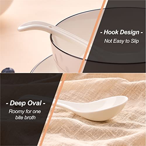 CHILDIKE Ceramic Asian Soup Spoons, White Pocelain Chinese/Japanese Soup Spoons for Cereal, Ramen Pho 6.6 Inch, Set of 6 - Deep Oval Hook Design - Image 4